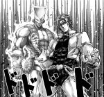  2boys a4typhoon absurdres bangle bracelet dio_brando greyscale highres jewelry jojo_no_kimyou_na_bouken male_focus monochrome multiple_boys stand_(jojo) stardust_crusaders the_world 