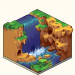  cliff grass isometric lowres no_humans pixel_art plant river scenery water waterfall 