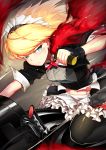  1girl absurdres apron bangs black_gloves blonde_hair blue_eyes blurry blurry_background blush braid breastplate breasts closed_mouth eyebrows_visible_through_hair g36_(girls_frontline) girls_frontline gloves hair_between_eyes highres holding_grenade leonat long_hair looking_at_viewer maid maid_apron maid_headdress medium_breasts mod3_(girls_frontline) motion_blur on_motorcycle riding sidelocks skirt sleeve_cuffs solo torn_clothes waist_apron 