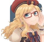  1girl :3 blonde_hair blue_eyes blush bow bowtie breasts commentary_request eyebrows_visible_through_hair face glasses hair_bow hair_ornament hat highres idolmaster idolmaster_cinderella_girls long_hair looking_at_viewer ootsuki_yui puffy_short_sleeves puffy_sleeves red-framed_eyewear red_hat short_sleeves smile solo star wotsumiki_(sakura-yuzu) wrist_cuffs 