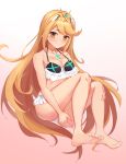  1girl ass bangs bikini blonde_hair blush breasts cleavage commentary gem hair_ornament headpiece highres mythra_(xenoblade) jewelry kiiro_kimi large_breasts long_hair looking_at_viewer nintendo panties pose shy skindentation smile solo swept_bangs swimsuit tiara underwear very_long_hair xenoblade_(series) xenoblade_2 yellow_eyes 