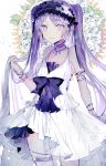 1girl armlet bangs choker closed_mouth dress euryale eyebrows_visible_through_hair fate/grand_order fate_(series) flower frilled_hairband frills hairband headdress highres jewelry leaf legs lolita_fashion lolita_hairband long_hair looking_at_viewer poni_(rito) purple_hair sleeveless sleeveless_dress smile solo thighlet thighs twintails very_long_hair violet_eyes white_dress 