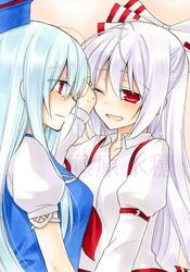  3girls ;d ahoge blue_hair blue_hat bow collarbone crying dress_shirt eyebrows_visible_through_hair from_side fujiwara_minaho fujiwara_no_mokou hair_between_eyes hair_bow hat kamishirasawa_keine long_hair long_sleeves marker_(medium) multiple_girls one_eye_closed open_mouth red_eyes shirt short_sleeves silver_hair smile tears touhou traditional_media upper_body very_long_hair watermark white_bow white_shirt 