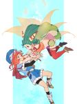  1boy 1girl breasts closed_mouth commentary_request feena_(grandia) grandia grandia_i green_eyes green_hair hair_ornament hair_tubes hamagurihime hat jewelry justin_(grandia) long_hair low-tied_long_hair midriff necklace skirt smile thigh-highs 