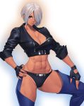  1girl a abs angel_(kof) bangs black_panties bra breasts chaps cleavage commentary_request cropped_jacket feet_out_of_frame fingerless_gloves gloves gradient gradient_background hair_over_one_eye highres jacket large_breasts leather midriff muscle muscular_female ogami panties silver_hair snk solo strapless strapless_bra the_king_of_fighters toned underwear white_hair 