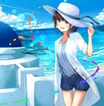  1girl :d absurdres bird blonde_hair blue_eyes blue_ribbon blue_shirt blue_shorts blue_sky blush breasts cleavage clouds collarbone day hat hat_ribbon highres isutoon_(ist3129) lens_flare ocean open_mouth original outdoors ribbon shirt short_hair short_shorts short_sleeves shorts sky small_breasts smile solo standing sun_hat suspender_shorts suspenders thigh_gap white_hat 