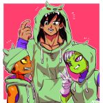 +++ 1girl 2boys bah_(dragon_ball) bah_(dragon_ball)_(cosplay) black_eyes black_hair border broly_(dragon_ball_super) cheelai clenched_teeth commentary_request cosplay dragon_ball dragon_ball_super_broly fingernails gloves green_hat green_jacket grin hat height_difference hood hood_down hood_up hooded_jacket jacket lemo_(dragon_ball) looking_at_another looking_up multiple_boys open_mouth pink_background pointing pointing_at_self profile scar sharp_teeth signature simple_background sleeveless sleeveless_jacket smile teeth toraiaruka v violet_eyes white_border white_gloves white_hair wristband 