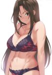  1girl abs absurdres bangs bare_shoulders blush bra breasts brown_eyes brown_hair cleavage closed_mouth collarbone eyebrows_visible_through_hair fang fukushi_ryouhei highres idolmaster idolmaster_cinderella_girls lace lace_bra large_breasts long_hair looking_at_viewer midriff mukai_takumi navel parted_bangs simple_background solo stomach underwear white_background 