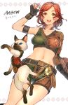  1girl :d animal armband black_gloves breasts cat clothed_animal copyright_name cross-laced_clothes facial_mark felyne fingerless_gloves fingernails gloves hand_up highres kuroimori looking_at_viewer medium_breasts monster_hunter monster_hunter:_world navel open_mouth orange_eyes redhead short_hair shorts siamese_cat simple_background single_bare_shoulder single_sleeve smile teeth white_background 