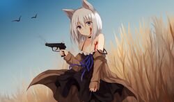  1girl animal_ears bangs bare_shoulders bird black_choker black_dress black_legwear blood blood_on_breasts blood_on_face blue_sky brown_jacket cat_ears choker collarbone commentary_request day dress eyebrows_visible_through_hair field finger_on_trigger grey_hair gun hair_between_eyes handgun highres holding holding_gun holding_weapon jacket kinona long_hair long_sleeves off_shoulder open_clothes open_jacket original outdoors pantyhose pistol sky sleeveless sleeveless_dress sleeves_past_wrists solo strap_slip violet_eyes weapon weapon_request 