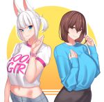  2girls alternate_costume alternate_hairstyle animal_ear_fluff animal_ears azur_lane bangs blue_eyes blue_sweater breasts brown_eyes brown_hair closed_mouth clothes_writing commentary_request crossover denim english_text eyebrows_visible_through_hair fox_ears franham hairstyle_switch hand_on_own_chest hand_up highres kaga_(azur_lane) kaga_(kantai_collection) kantai_collection large_breasts long_sleeves looking_at_viewer midriff multiple_girls namesake navel revision shirt short_hair short_sleeves side_ponytail smile sweater white_hair white_shirt 