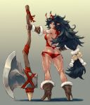  1girl armor ass axe bangs bare_shoulders battle_axe bell bikini_armor black_hair boots breasts brown_footwear butt_crack commentary_request dark_skin fangs fingerless_gloves full_body fur_trim gloves gradient gradient_background grin hair_ornament hand_on_hip highres holding horns huge_weapon jingle_bell long_hair looking_at_viewer looking_back makimura_shunsuke medium_breasts original pointy_ears scar shiny shiny_skin simple_background smile solo teeth very_long_hair weapon yellow_eyes 