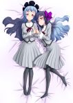  2girls aikatsu!_(series) aikatsu_friends! bangs blue_hair bow flower frills gradient_hair hair_bow hair_flower hair_ornament highres long_hair looking_at_viewer multicolored_hair multiple_girls pantyhose purple_bow red_eyes school_uniform shirayuri_kaguya shirayuri_sakuya shiruppo siblings sisters twins 