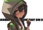  1girl anosillus_ii bangs black_hair braid copyright_name dark_skin earphones fingerless_gloves gloves hair_between_eyes haraya_manawari holding_earphone hood hood_up hooded_jacket jacket long_hair looking_at_viewer red_eyes smile solo ssss.gridman twin_braids upper_body white_background 