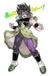  1boy angry armor black_hair boots broly_(dragon_ball_super) character_name dragon_ball dragon_ball_super_broly fingernails floating full_body male_focus meta_dbz open_mouth outstretched_arms purple_legwear scar short_hair simple_background spiky_hair spread_legs teeth white_background wristband 