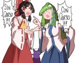  3girls anger_vein angry ascot bow breasts brown_eyes brown_hair commentary_request cowboy_shot detached_sleeves eyebrows_visible_through_hair frills frog_hair_ornament green_eyes green_hair hair_between_eyes hair_bow hair_ornament hair_tubes hakurei_reimu hand_on_hip kochiya_sanae long_hair mefomefo multiple_girls nontraditional_miko o_o open_mouth pointing pointy_hair short_hair silhouette simple_background skirt skirt_set snake_hair_ornament spanish_commentary spanish_text text_focus touhou toyosatomimi_no_miko translation_request white_background wide_sleeves 