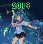  1girl 2019 absurdres black_sailor_collar black_skirt blue_hair blush chong_wuxin floating_hair green_eyes hair_between_eyes hatsune_miku highres holding holding_microphone long_hair microphone miniskirt neckerchief parted_lips pleated_skirt red_neckwear sailor_collar school_uniform serafuku shiny shiny_hair shirt short_sleeves skirt solo standing twintails very_long_hair vocaloid white_shirt 