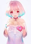  1girl @_@ ahoge aqua_hair bare_shoulders blush bracelet breasts choker cleavage collarbone earrings eyebrows_visible_through_hair fang fingers_together grey_background heart heart_choker idolmaster idolmaster_cinderella_girls jewelry looking_at_viewer multicolored_hair nido_celisius open_mouth pill pill_earrings pink_hair shirt short_hair skeleton_print solo t-shirt tears two-tone_hair wavy_mouth yumemi_riamu 