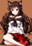  1girl animal_ear_fluff animal_ears bangs bare_shoulders blush breasts brooch brown_background brown_hair collarbone commentary_request eyebrows_visible_through_hair highres imaizumi_kagerou jewelry long_hair long_sleeves medium_breasts off-shoulder_shirt off_shoulder parted_lips red_eyes red_footwear red_skirt ruu_(tksymkw) shadow shirt shoes simple_background sitting skirt solo touhou very_long_hair white_shirt wide_sleeves wolf_ears 