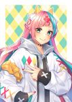  &gt;:) 1girl argyle bangs blue_eyes blue_hair blush braid closed_mouth cross_hair_ornament diagonal_bangs drawstring french_braid hair_ornament hand_in_pocket highres hood hood_down hoodie jacket kitazume_kumie long_hair long_sleeves looking_at_viewer multicolored multicolored_background multicolored_hair multicolored_nails nail_polish open_clothes open_jacket pink_hair pinky_pop_hepburn signature sleeves_past_wrists smug solo the_moon_studio two-tone_hair unzipped upper_body v very_long_hair virtual_youtuber white_jacket zipper 