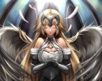  1girl absurdres angel_wings bare_shoulders blonde_hair breasts chains cleavage closed_eyes fate/apocrypha fate_(series) feathered_wings feathers gauntlets hands_clasped headpiece highres jeanne_d&#039;arc_(fate) jeanne_d&#039;arc_(fate)_(all) large_breasts long_hair own_hands_together shiki_(chen321aa) solo very_long_hair vest wings 