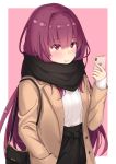  1girl alternate_costume andrew_(fanlp3) bag blush buttons cellphone eyebrows_visible_through_hair fate/grand_order fate_(series) hair_intakes handbag jacket long_hair long_sleeves looking_at_viewer parted_lips phone pink_background purple_hair red_eyes scarf scathach_(fate)_(all) scathach_(fate/grand_order) smartphone smile 