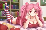  1girl :q alternate_costume bangs bare_shoulders bed bishoujo_senshi_sailor_moon blush book bookshelf breasts casual chibi_usa cleavage commentary commission double_bun english_commentary eyebrows_visible_through_hair full_body hands_up heart heart_pillow highres indoors kazenokaze large_breasts legs_up long_hair looking_at_viewer lying no_pants no_shoes off-shoulder_shirt off_shoulder on_stomach pillow pink_hair red_eyes red_legwear red_shirt shirt short_sleeves skindentation smile solo striped striped_legwear t-shirt thigh-highs thighs tongue tongue_out twintails white_legwear 