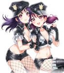  2girls alternate_hairstyle bangs believe_again black_gloves boots breasts choker cleavage club_(shape) collarbone commentary_request crop_top cross fingerless_gloves fishnet_pantyhose fishnets gloves hair_down hand_holding hat highres kazuno_leah kazuno_sarah knee_boots long_hair love_live! love_live!_sunshine!! love_live!_sunshine!!_the_school_idol_movie_over_the_rainbow low_twintails medium_breasts midriff multiple_girls navel pantyhose peaked_cap purple_hair red_eyes rozen5 saint_snow short_shorts short_sleeves shorts siblings sidelocks sisters small_breasts spade_(shape) spoilers stomach twintails wing_collar 
