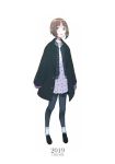  1girl 2019 :o artist_name bangs black_coat black_footwear black_jacket black_legwear brown_eyes brown_hair casual coat commentary_request dress full_body girls_und_panzer heart heart_print jacket light_blush looking_at_viewer mittens new_year nishizumi_miho open_clothes open_coat open_jacket open_mouth pantyhose print_dress purple_mittens shoes short_dress short_hair simple_background solo standing umiu_(hoge) white_background white_dress 