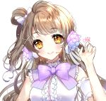  1girl artist_name bangs bare_shoulders bow bowtie brown_eyes brown_hair closed_mouth flower hair_between_eyes hair_ornament long_hair looking_at_viewer love_live! love_live!_school_idol_project minami_kotori nyaong9 side_ponytail simple_background solo white_background 