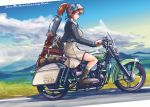  1girl adapted_costume bag black_footwear blue_eyes blue_sky boots brown_hair character_name clouds commentary_request day dress grey_dress grey_neckwear ground_vehicle gun harley_davidson intrepid_(kantai_collection) kantai_collection m1903_springfield miniskirt motor_vehicle motorcycle mountain outdoors ponytail riding rifle short_hair sitting skirt sky smile solo thrux weapon 