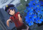  1girl arms_up bangs black_skirt blue_eyes blue_hair blue_hat blurry breasts bright_pupils chinese_clothes clouds commentary_request crying crying_with_eyes_open day depth_of_field dutch_angle eyebrows_visible_through_hair flat_cap flower graveyard hat highres looking_at_viewer luke_(kyeftss) miyako_yoshika ofuda open_mouth outdoors outstretched_arms overcast parted_bangs red_shirt shirt short_hair short_sleeves skirt small_breasts solo standing star streaming_tears tears tombstone touhou tree upper_body upper_teeth white_pupils zombie_pose 
