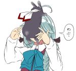  1girl ahoge animal animal_on_head animalization aqua_neckwear arms_up artist_request black_ribbon bow bowtie braid collared_shirt commentary_request covering_face dress fujinami_(kantai_collection) grey_hair hair_over_eyes hair_over_shoulder hair_ribbon hamanami_(kantai_collection) kantai_collection long_hair long_sleeves on_head purple_dress rabbit ribbon school_uniform shirt simple_background single_braid sleeveless sleeveless_dress speech_bubble translation_request upper_body white_background white_shirt 