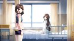  2girls bed blue_shorts brown_eyes brown_hair curtains fukuda_tomonori game_cg highres hospital hospital_bed indoors long_hair looking_back multiple_girls official_art pink_shirt robotics;notes senomiya_akiho senomiya_misaki shiny shiny_hair shirt short_shorts short_sleeves shorts sitting standing striped vertical-striped_shorts vertical_stripes very_long_hair white_shirt 