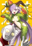  1boy 1girl :o alphy bandage bandage_over_one_eye blush bow breasts crossover fate/grand_order fate_(series) gloves hair_bow helmet horns kingprotea long_hair looking_at_viewer medium_breasts monster_girl moss navel open_mouth purple_hair thumbs_up ultra_series ultraman ultraman_(1st_series) violet_eyes white_bow yellow_background 