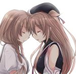  2girls asymmetrical_clothes beret black_hat black_serafuku braid breasts closed_eyes closed_mouth cloud_hair_ornament eyebrows_visible_through_hair face-to-face forehead-to-forehead from_side gradient_hair hat hirune_(konekonelkk) kantai_collection light_brown_hair long_hair minegumo_(kantai_collection) multicolored_hair multiple_girls murasame_(kantai_collection) neckerchief profile red_neckwear remodel_(kantai_collection) sailor_collar school_uniform serafuku shirt short_sleeves simple_background suspenders twin_braids twintails two_side_up upper_body white_background white_sailor_collar white_shirt 