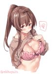  1girl arm_behind_back blush bra breasts brown_hair casual closed_mouth collarbone contemporary ebifurya eyebrows_visible_through_hair hair_between_eyes high_ponytail highres kantai_collection large_breasts lifted_by_self long_hair looking_at_viewer midriff pink_bra ponytail solo spoken_squiggle squiggle twitter_username underwear very_long_hair white_background yamato_(kantai_collection) 