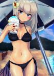  1girl absurdres arm_behind_back artist_name bangs beach beach_umbrella bikini black_bikini black_choker blue_sky blurry blurry_background blush breasts cherry choker closed_mouth clouds cloudy_sky commentary cup drinking_straw flower food frown fruit girls_und_panzer gluteal_fold groin hair_flower hair_ornament head_tilt highres holding holding_cup holding_food itsumi_erika karu_(ricardo_2628) lime_slice long_hair looking_at_viewer medium_breasts navel ocean outdoors sarong shaved_ice side-tie_bikini signature sky solo standing swimsuit thighs umbrella 