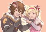  1boy 1girl anger_vein annoyed armor blonde_hair brown_eyes brown_hair cheek_pinching djeeta_(granblue_fantasy) fingerless_gloves gauntlets gloves granblue_fantasy hairband hood mire_eeeei open_mouth pinching pink_hairband puffy_short_sleeves puffy_sleeves red_eyes sandalphon_(granblue_fantasy) short_hair short_sleeves 