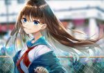  1girl absurdres blue_eyes blue_sailor_collar blurry blurry_background brown_hair floating_hair from_side highres ihachisu long_hair long_sleeves looking_at_viewer neckerchief office_lady original red_neckwear sailor_collar shiny shiny_hair shirt smile unzipped upper_body very_long_hair white_shirt 
