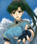  1girl blue_dress blue_sky clouds cloudy_sky dress fire_emblem gloves green_eyes green_hair highres lyndis_(fire_emblem) nintendo reaching_out shino_(2919) sky smile 