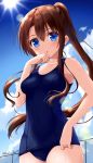  1girl :o armpits bangs bare_arms bare_shoulders blue_sky blue_swimsuit blush breasts brown_hair chain-link_fence clouds collarbone covered_navel cowboy_shot day eyebrows_visible_through_hair fence from_below hair_ornament hairclip hand_on_own_face hoshino_kagari long_hair looking_at_viewer looking_down original outdoors parted_lips ponytail school_swimsuit sidelocks sky small_breasts solo sun sweat swimsuit twitter_username very_long_hair 