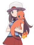  1girl agata_(agatha) blue_(pokemon) blue_eyes blue_shirt breasts brown_eyes brown_hair charmander creature creatures_(company) fangs fiery_tail fire flame game_freak gen_1_pokemon hat holding holding_pokemon long_hair medium_breasts miniskirt nintendo pokemon pokemon_(creature) pokemon_(game) pokemon_frlg pokemon_trainer red_skirt shirt simple_background skirt sleeveless sleeveless_shirt tail white_background white_hat 