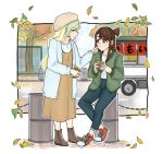  alternate_costume artist_request blush brown_hair closed_eyes clouds cloudy_sky couple diana_cavendish dress food food_cart green_jacket happy jacket kagari_atsuko leaf little_witch_academia long_hair multicolored_hair red_eyes shirt shoes sky smile sneakers tree white_shirt yuri 