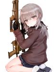  1girl bangs black_gloves blue_skirt blush bolt_action brown_eyes brown_hair brown_jacket cheytac_m200 closed_mouth commentary dokomon eyebrows_visible_through_hair girls_frontline gloves gun hair_between_eyes head_tilt highres holding holding_gun holding_weapon jacket long_hair long_sleeves looking_at_viewer looking_to_the_side m200_(girls_frontline) object_namesake pleated_skirt rifle simple_background sitting skirt sniper_rifle socks soles solo wariza weapon white_background white_legwear 