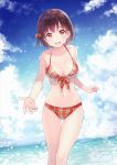 1girl absurdres bangs bare_arms bare_legs bare_shoulders bikini blue_sky blush bow braid breasts brown_eyes brown_hair clouds cloudy_sky collarbone day eyebrows_visible_through_hair front-tie_bikini front-tie_top fukahire_(ruinon) hair_bow highres looking_at_viewer medium_breasts navel open_mouth original outdoors shiny shiny_hair sky smile solo stomach swimsuit wading water water_drop 