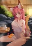 absurdres animal_ears apertio breasts brown_eyes brush cleavage fate/extra fate/grand_order fate_(series) fox_ears fox_girl fox_tail hair_between_eyes highres huge_filesize long_hair naked_towel no_bra no_panties onsen pink_hair steam tail tamamo_(fate)_(all) tamamo_no_mae_(fate) towel wet