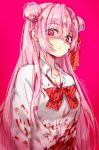 1girl artist_name blood blood_on_face blood_splatter bloody_clothes bow collarbone double_bun dress_shirt eyebrows_visible_through_hair hair_ribbon happy_sugar_life highres long_hair looking_at_viewer matsuzaka_satou glasses_shinchuu pink_background pink_eyes pink_hair red_bow red_ribbon ribbon shiny shiny_hair shirt simple_background solo striped striped_neckwear upper_body very_long_hair white_shirt yandere 