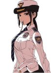  1girl belt belt_pouch black_eyes black_hair black_skirt blue_neckwear closed_mouth dress_shirt emblem english_text female_service_cap from_side hat highres long_hair looking_at_viewer mouth_hold necktie original police police_uniform policewoman ponytail pouch pyojunbe shirt sidelocks simple_background skirt solo standing striped striped_neckwear uniform upper_body whistle white_background white_belt white_hat white_shirt wing_collar 