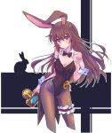  1girl animal_ears bare_shoulders bow bowtie breasts brown_eyes brown_hair brown_legwear bunny_girl bunny_tail bunnysuit camera cleavage coattails covered_navel detached_collar fishnet_pantyhose fishnets highres iesupa leotard long_hair pantyhose rabbit_ears rwby single_garter solo strapless strapless_leotard tail velvet_scarlatina wrist_cuffs 